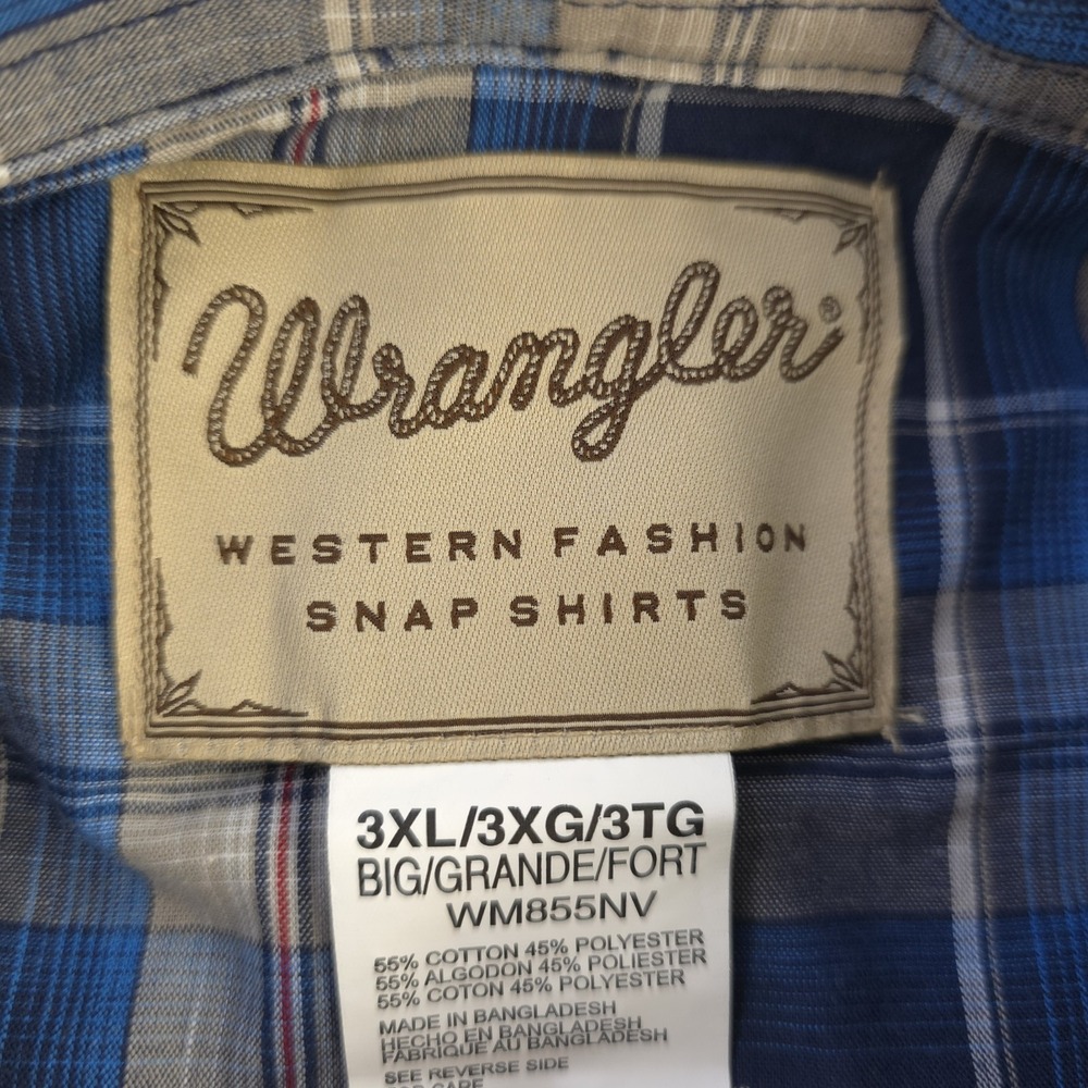 Wrangler Pearl Snap Shirt 3XLB Blue Plaid Long Sleeve Pockets Lightweight Cowboy - Picture 3 of 7